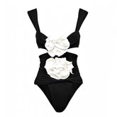 Black & White Rose Cut-Out Spaghetti Strap One Piece Swimsuit